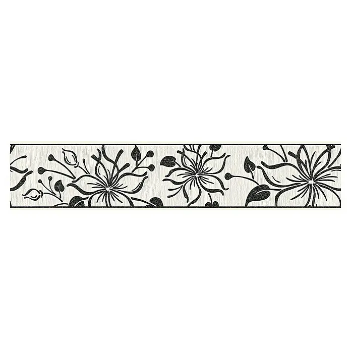 A.S. Création Only Borders 11 Tapetenborte Blume - Schwarz/Weiß, 5 x 0,13 m, Selbstklebefolie - Ein dekorativer Bordürenstreifen mit stilisierten Blumenmotiven in Schwarz vor einem hellen Hintergrund mit feiner Textur.