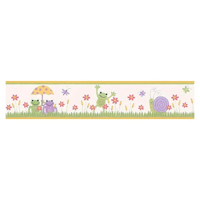 A.S. Création Only Borders 11 Tapetenborte Frösche - Bunt - Bunte Bordüre mit niedlichen Fröschen, einem Schmetterling und einer Schnecke in einer verspielten Gartenlandschaft für Kinderzimmer.