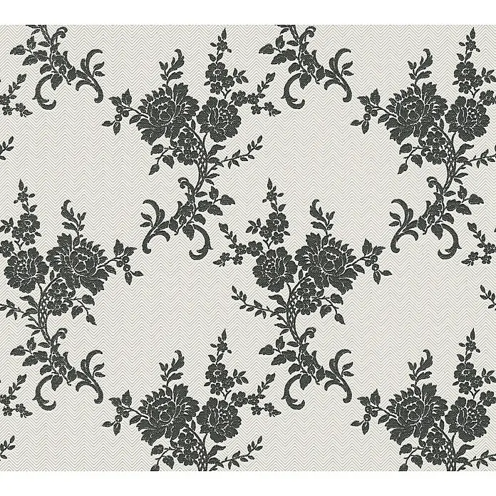 A.S. Création Vliestapete Blüten - Schwarz/Weiß, Floral, L x B: 10,05 x 0,53 m - Elegantes florales Muster mit dunklen Rosen und Blättern auf einem hellen Zickzack-Hintergrund, ideal für stilvolle Designs.