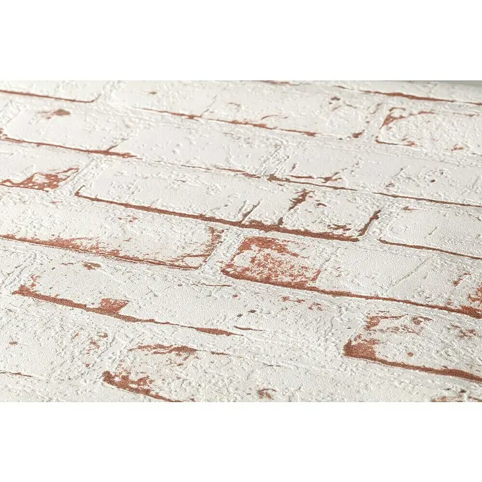 A.S. Création Casual Living Vliestapete New England Klinker - Weiß/Rot, Steinoptik, 10,05 x 0,53 m - Nahaufnahme einer weißen Backsteintapete mit braunen Akzenten, die eine rustikale und moderne Ästhetik vereint.\n