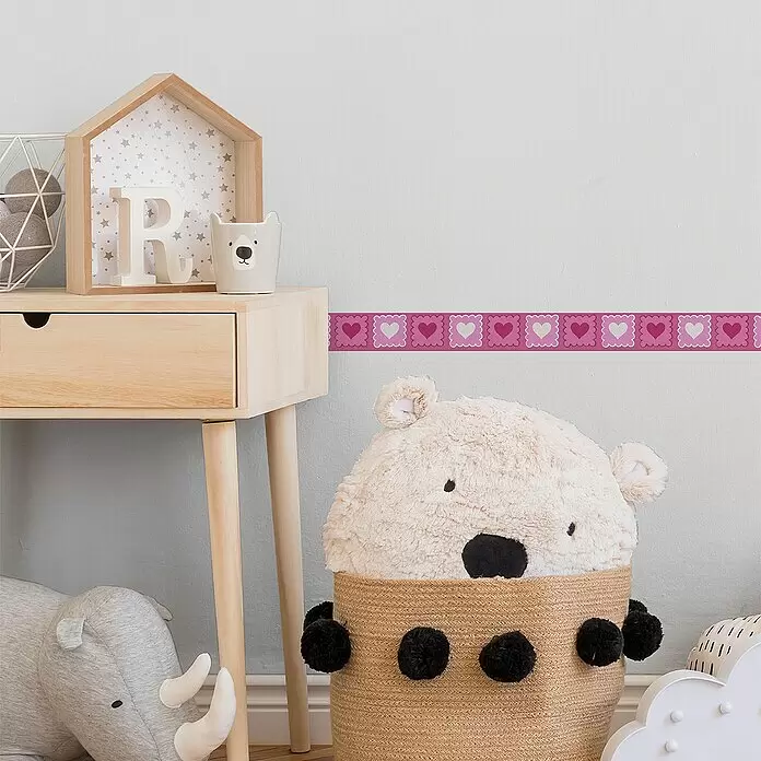 A.S. Création Only Borders 11 Tapetenborte Herzen - Kunststoff, Pink - Rosa Wandbordüre mit abwechselnd hell- und dunkelrosa Herzen in quadratischen Rahmen, ideal für Kinderzimmer.