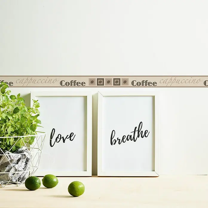 A.S. Création Only Borders 11 Tapetenborte - Kunststoff, Cappuccino - Wandbordüre mit Kaffee-, Cappuccino- und Kaffeebohnenmotiv für eine gemütliche Küchen- oder Caféatmosphäre.