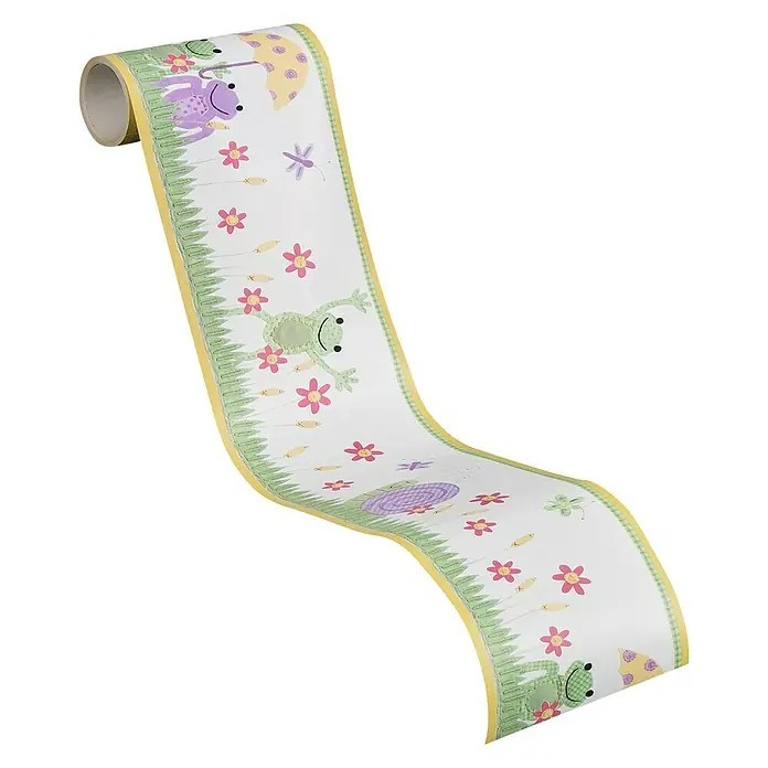 A.S. Création Only Borders 11 Tapetenborte Frösche - Bunt - Eine Rolle Bordürenpapier mit einem Froschmotiv, perfekt um Kinderzimmer zu dekorieren, mit grünen, gelben und violetten Fröschen, Blumen und Gräsern.