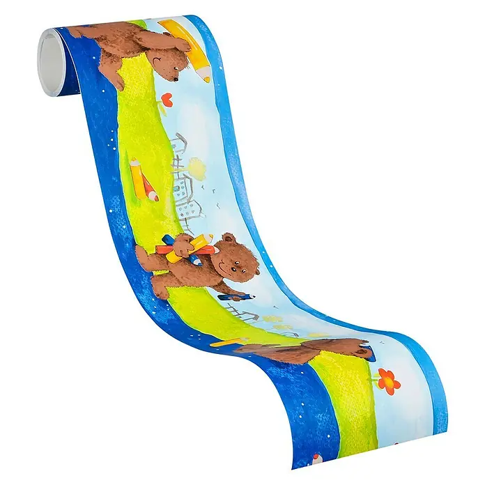 A.S. Création Only Borders 11 Tapetenborte - Kunststoff, Teddybär auf Wiese - Diese Bordüre zeigt ein spielerisches Bärenmotiv mit Stiften, ideal für Kinderzimmer, die eine fröhliche und kreative Atmosphäre suchen.