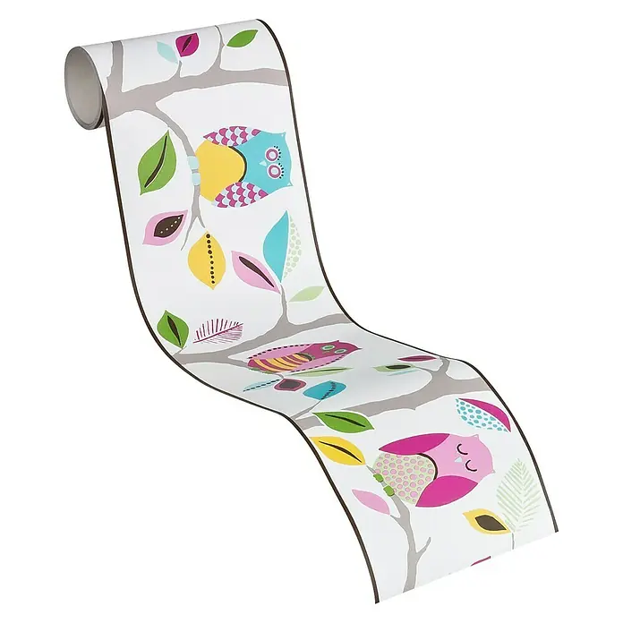 A.S. Création Only Borders 11 Tapetenborte Eulen - Kunststoff, Bunt - Dekorative Bordüre mit einem verspielten Eulen- und Blättermotiv, ideal für Kinderzimmer oder kreative Wandgestaltungen.