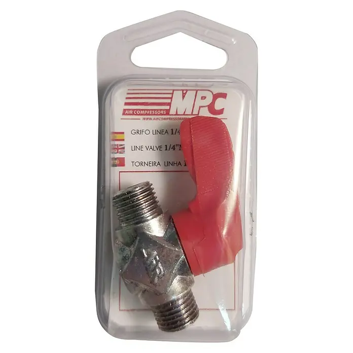 MPC Válvula esférica en línea - ¼″ - Primer plano de una válvula de línea de compresor de aire MPC empaquetada con un mango rojo, guardada en un recipiente de plástico transparente.