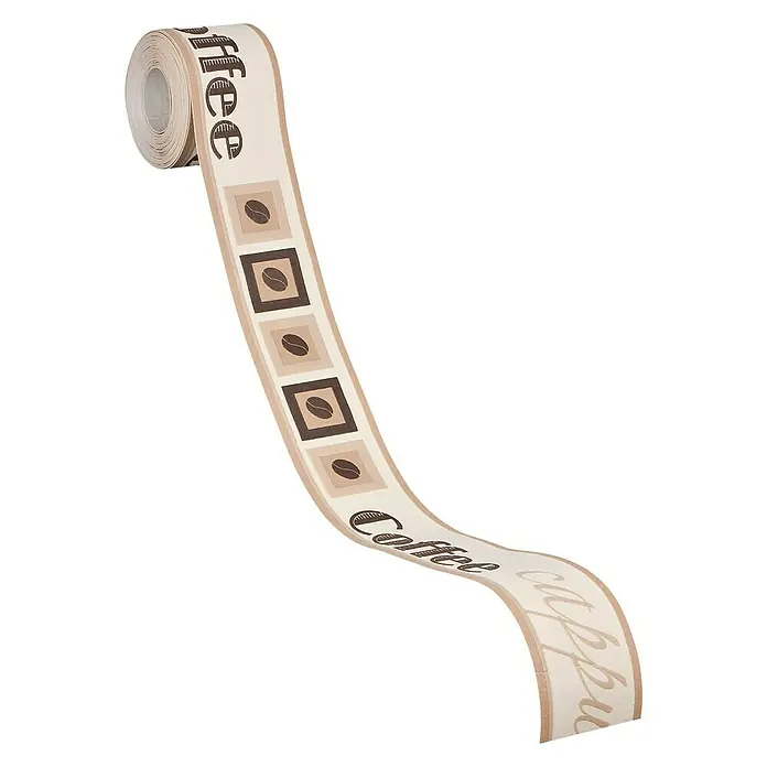A.S. Création Only Borders 11 Tapetenborte - Kunststoff, Coffee - Bild eines cremefarbenen Zierbandes mit dem Aufdruck "Kaffee" und Kaffeebohnen-Motiven, ideal für Bastelarbeiten und Dekorationen.