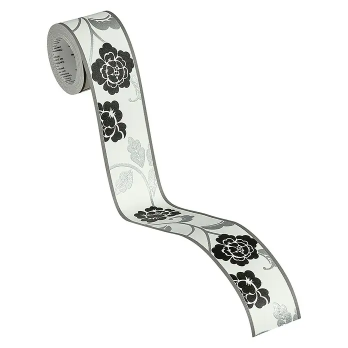 A.S. Création Only Borders 11 Tapetenborte - Kunststoff, Schwarz/Weiß - Nahaufnahme einer Rolle Bordüre mit einem eleganten Blumenmuster, perfekt für die Dekoration von Wohnräumen und zur individuellen Gestaltung.