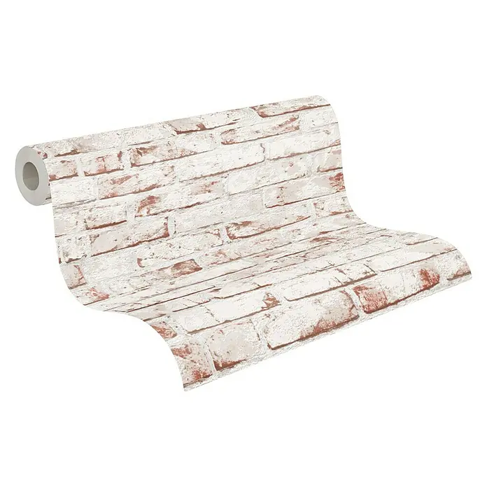 A.S. Création Casual Living Vliestapete New England Klinker - Weiß/Rot, Steinoptik, 10,05 x 0,53 m - Weiße Backstein-Tapete auf einer Rolle mit Ziegelmuster für eine realistische Wandgestaltung im Innenbereich.