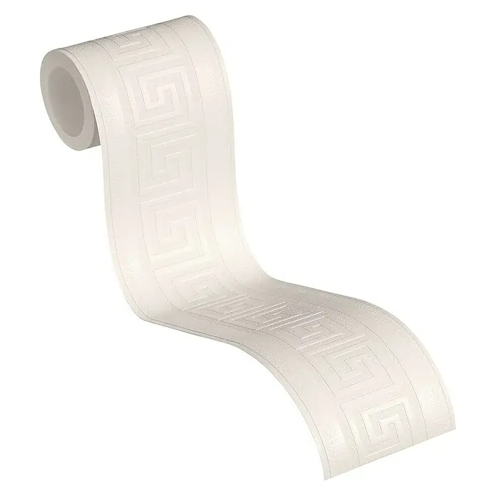 A.S. Création Only Borders Tapetenborte 6 - Kunststoff, Weiß - Nahaufnahme einer Rolle weißer Tapete mit einem dezenten, geometrischen Muster, ideal für stilvolle Wandgestaltung.