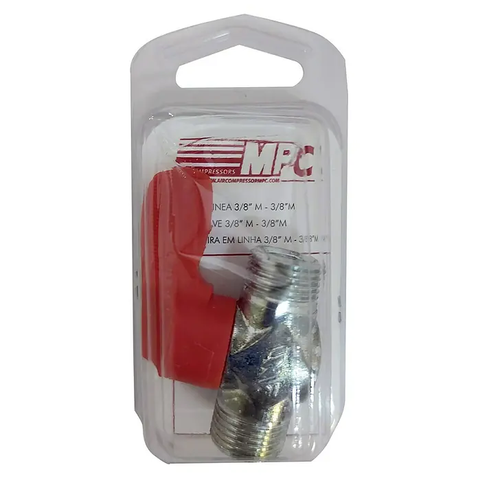MPC Válvula esférica en línea - ⅜″ - Primer plano de un accesorio de válvula en línea MPC de 3/8" empaquetado, guardado en un envase de plástico transparente con asa roja y accesorios roscados.