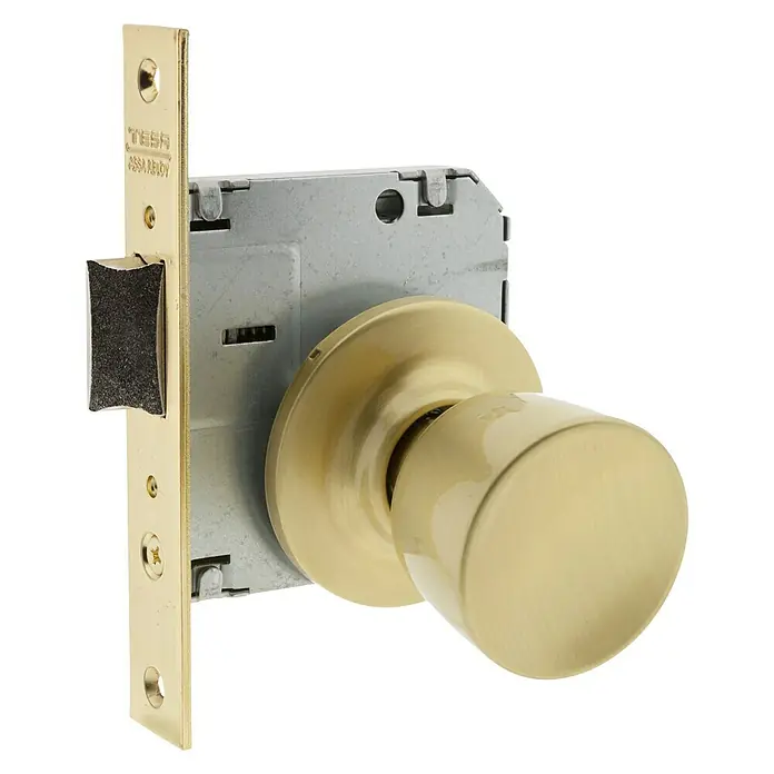 Tesa Assa Abloy Pomo para puerta - Diámetro: 50 mm, Niquelado - Primer plano de un pomo de puerta TESA con mecanismo de bloqueo, que combina un diseño elegante y seguridad fiable.