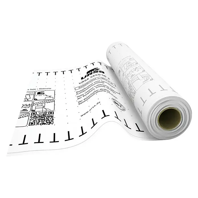Ursa SecoPro Dampfbremsfolie - 75 m², Polyethylen, sd-Wert: 2 m - Eine Rolle URSA SECO SD 2 Dampfbremsfolie mit aufgedruckten Anweisungen und einer grafischen Darstellung der Anwendung.