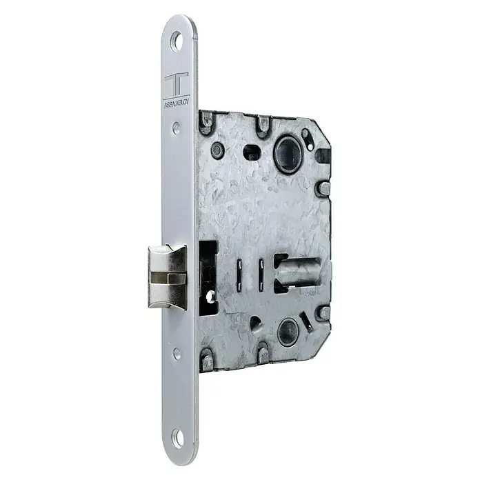 Tesa Assa Abloy Cerradura empotrable para puerta 134U - Distancia entre orificios: 70 mm, Níquel - En la imagen se muestra una cerradura de embutir plateada ASSA ABLOY para puertas interiores. Esta cerradura brinda protección y seguridad.