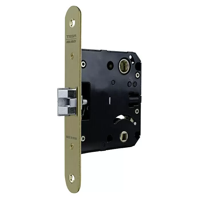 Tesa Assa Abloy Cerradura empotrable para puerta 134U - Distancia entre orificios: 70 mm, Latón - Cerradura de embutir dorada/latón con caja negra, picaporte y pestillo plateados, mostrando el mecanismo interno.