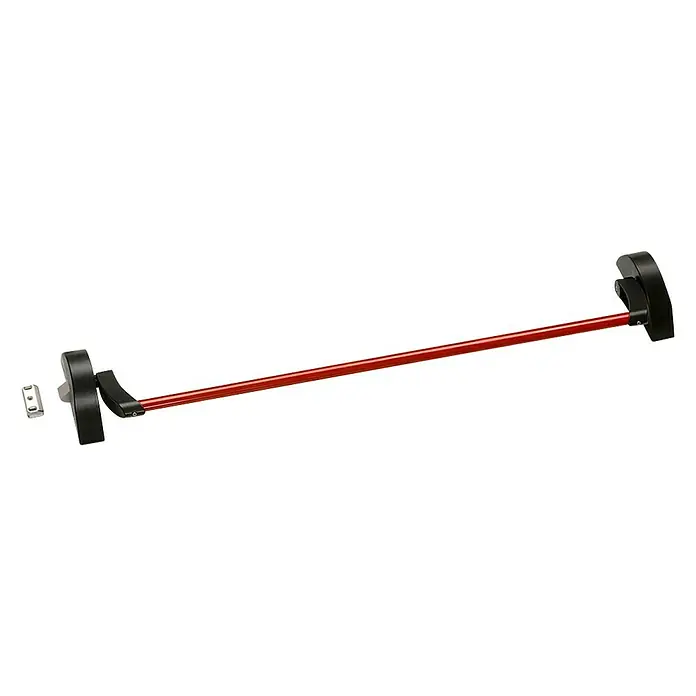 Yale Cerradura antipánico MNAR101M09SNRY - Largo: 90 cm, Apertura según normativa: Apertura universal, Almacén - Barra antipánico roja con extremos negros y accesorio plateado, diseñada para salidas de emergencia en edificios comerciales.