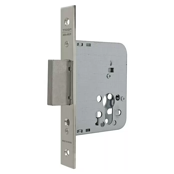 Tesa Assa Abloy Cerradura de embutir ESA 2031 40HN - Apto para: Puertas de madera, Cerradura para puertas de interior - Mecanismo de cerradura de embutir de metal plateado con marca TESA ASSA ABLOY, pestillo y orificio de llave.