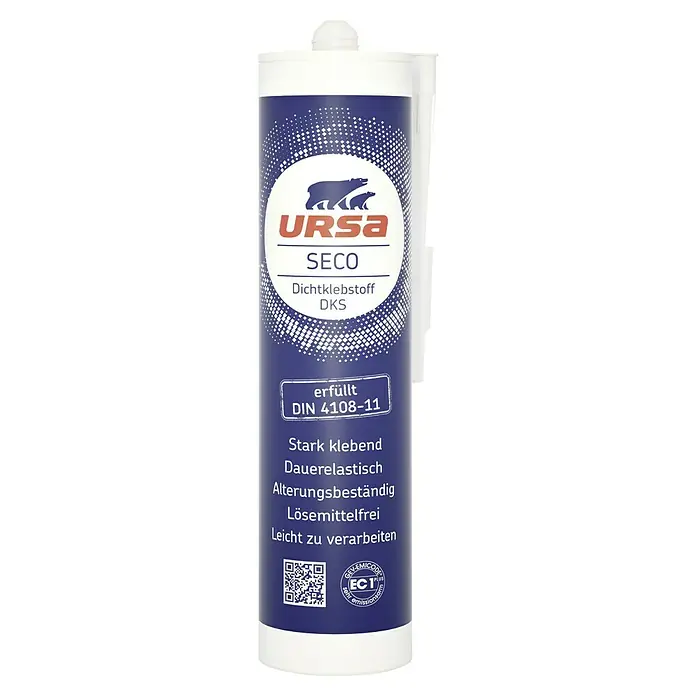 Ursa SecoPro Dichtkleber - 310 ml - Abbildung einer Kartusche URSA SECO Dichtklebstoff DKS, ein stark klebender, dauerelastischer und alterungsbeständiger Dichtstoff.