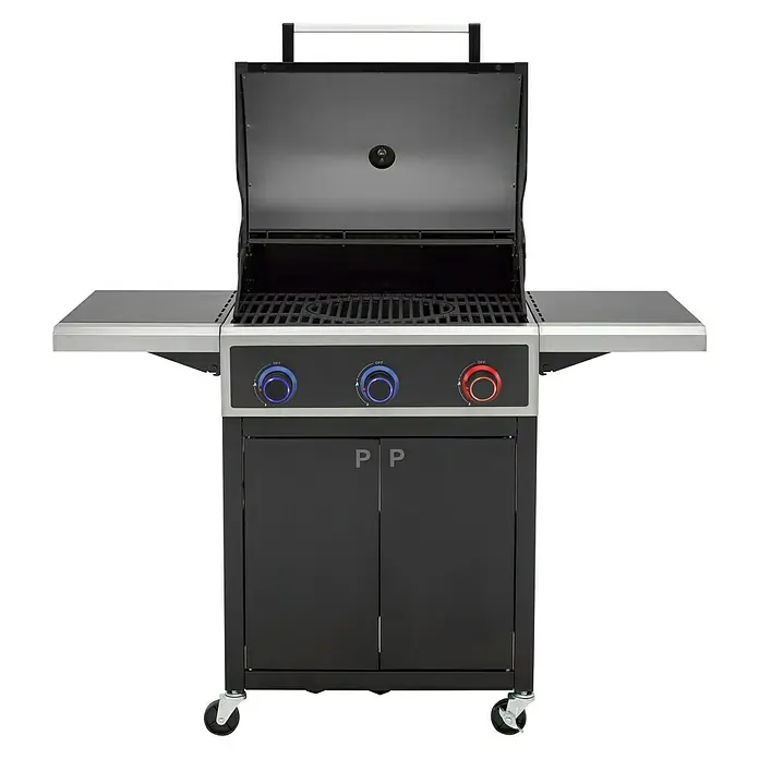 Tepro Gasgrill Keansburg - Grillfläche (B x T): 61 x 43 cm, 10,6 kW, Anzahl Brenner: 3 - Schwarzer Gasgrill mit offenem Deckel und Seitentischen für den Außenbereich.