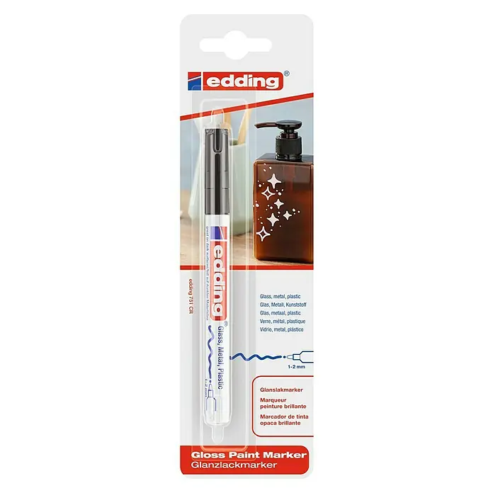 Edding Lackmarker 751 - Schwarz, 1 mm - 2 mm - Edding 751 CR Glanzlackmarker in der Verpackung. Der Marker ist für Glas, Metall und Kunststoff geeignet.