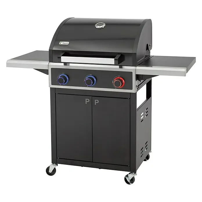 Tepro Gasgrill Keansburg - Grillfläche (B x T): 61 x 43 cm, 10,6 kW, Anzahl Brenner: 3 - Schwarzer Gasgrill mit drei Brennern und Seitentischen für komfortables Grillen im Freien.
