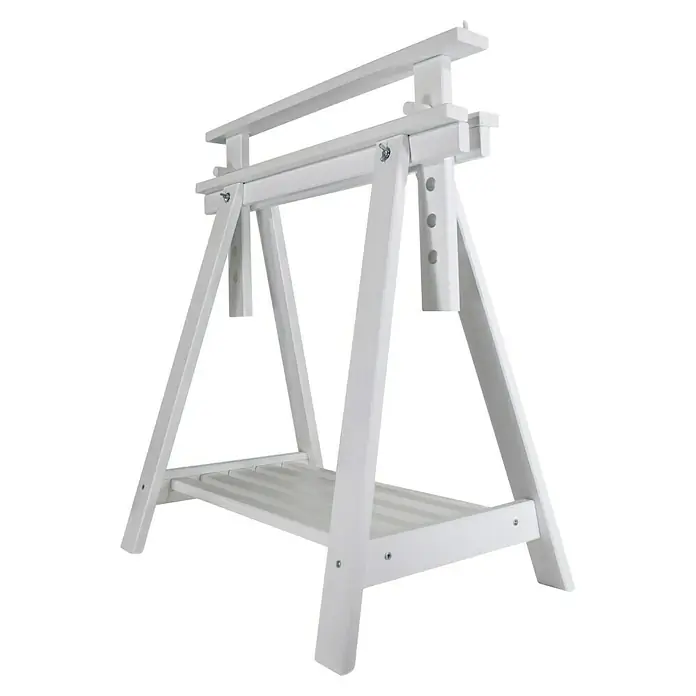 Caballete de madera regulable - Peso máximo admitido: 400 kg, Altura: 70 cm, Pino, Blanco - El caballete blanco cuenta con una altura ajustable y una práctica estantería de almacenamiento, ideal para proyectos de bricolaje.