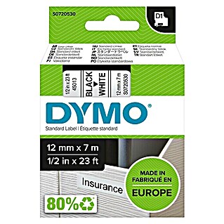 Dymo Cinta para etiquetado D1 (7 m x 12 mm, Color presión: Negro, Color cinta: Blanco, Plástico)