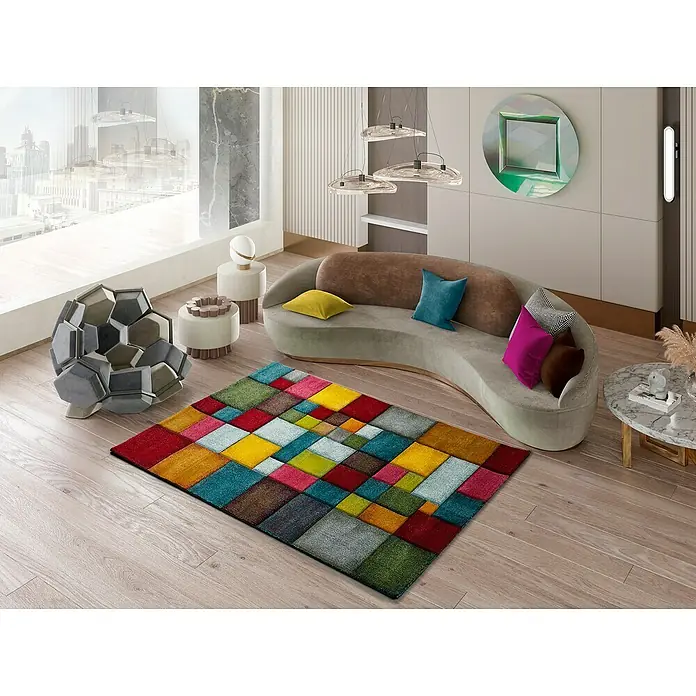 Alfombra de pelo corto Harlequín - Multicolor, 230 x 160 cm - Una alfombra patchwork colorida con formas geométricas añade un toque moderno a cualquier habitación y proporciona detalles vibrantes.