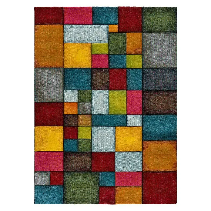 Alfombra de pelo corto Harlequín - Multicolor, 230 x 160 cm - Alfombra colorida con un diseño de cuadrados. El diseño presenta una variedad de colores y texturas que crean un aspecto único.
