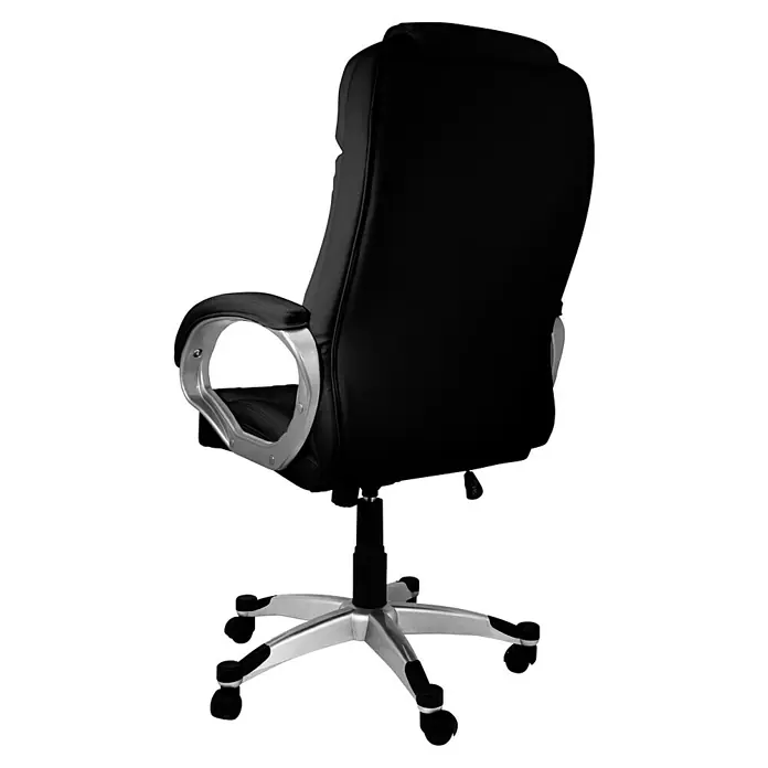 Silla de oficina Elisabeth - Negro, Reposabrazos - Vista posterior de una silla de oficina negra con reposabrazos y ruedas plateadas, que combina confort y estilo para la oficina.