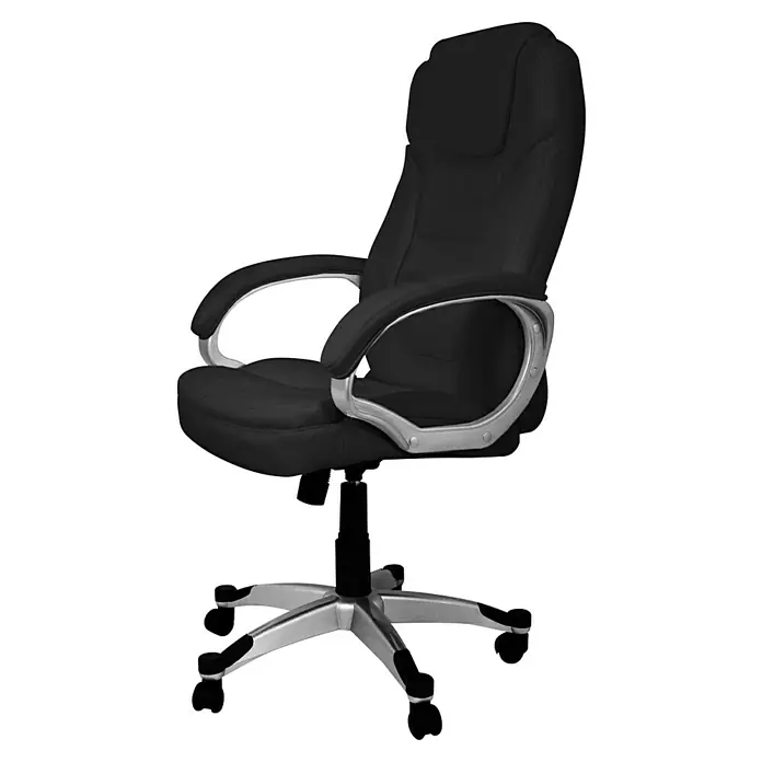 Silla de oficina Elisabeth - Negro, Reposabrazos - Silla de oficina negra con respaldo alto, reposabrazos ajustables y base plateada. Comodidad y estilo para cualquier espacio de trabajo.