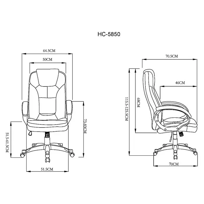 Silla de oficina Elisabeth - Blanco, Reposabrazos - Diagrama de una silla de oficina HC-5850 con dimensiones. La silla tiene un respaldo alto y reposabrazos.