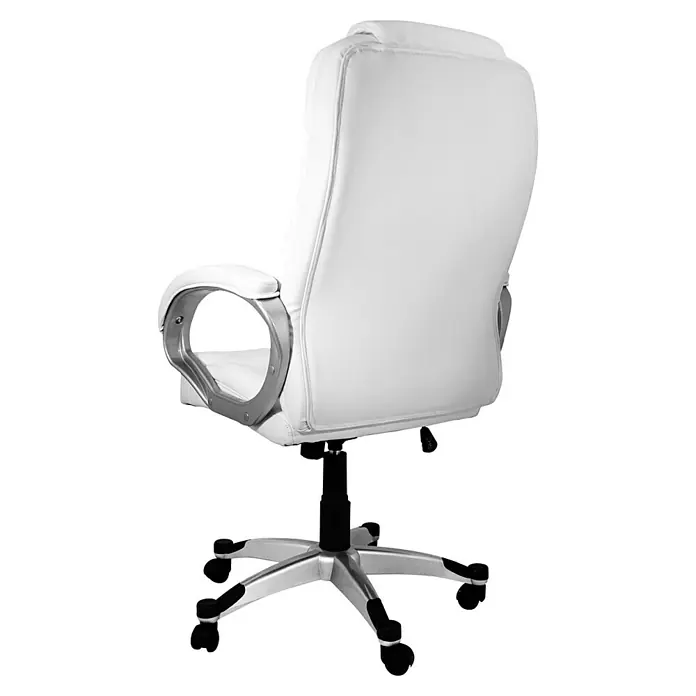 Silla de oficina Elisabeth - Blanco, Reposabrazos - Vista trasera de silla de oficina blanca, con reposabrazos y base negra. La silla de escritorio tiene ruedas para fácil movimiento.