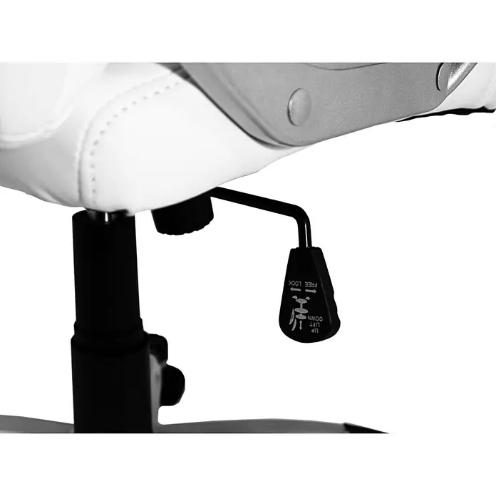 Silla de oficina Elisabeth - Blanco, Reposabrazos - Primer plano de una silla de oficina con ajuste de altura y mecanismos de bloqueo del respaldo para una comodidad óptima.