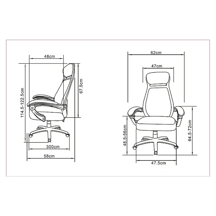 Silla de oficina Erika - Negro, Reposabrazos - Dimensiones de la silla de oficina, vista lateral y frontal. Dibujo técnico que muestra altura, anchura y profundidad en centímetros.