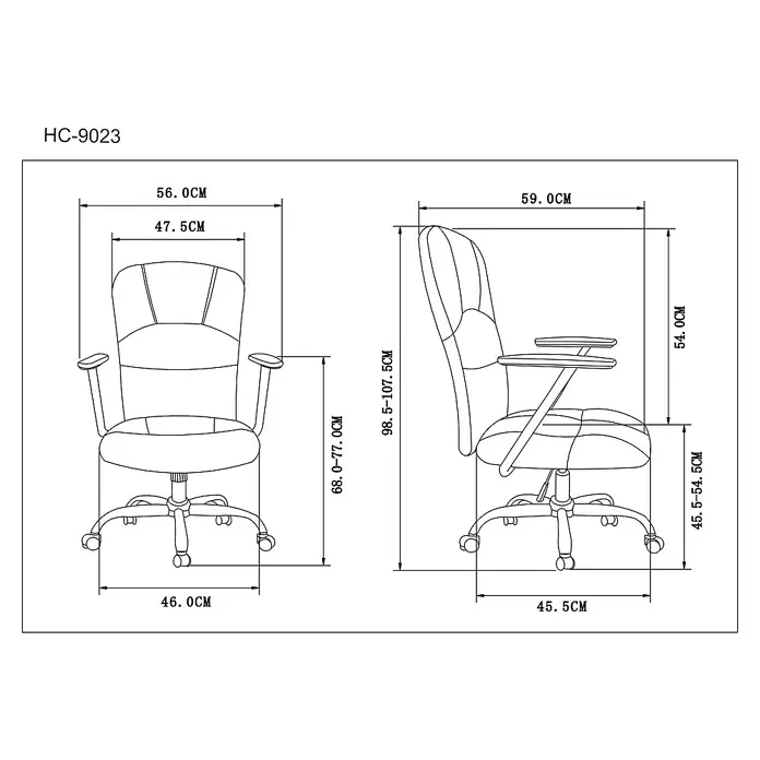 Silla de oficina Magalí - Negro, Reposabrazos - Diagrama de una silla de oficina HC-9023 con dimensiones para ilustrar su tamaño y medidas.