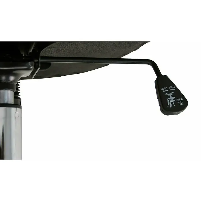 Silla de oficina Magalí - Negro, Reposabrazos - Primer plano de la palanca para ajustar la altura y la inclinación de una silla de oficina, diseñada para la comodidad y la ergonomía.