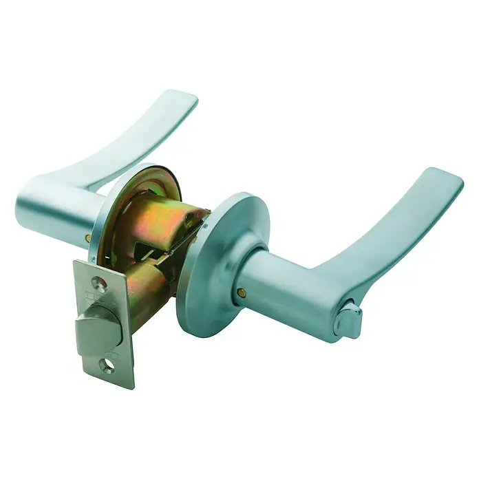 Tesa Assa Abloy Conjunto de picaporte 3B0360CM - Acero - Manilla de puerta plateada con el mecanismo a la vista, lista para su instalación en una puerta.
