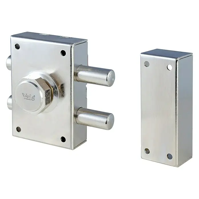 Yale Cerradura con cerrojo 16RHN - An x Al: 60 x 90 mm, Acero, Plateado, Niquelado - En la imagen se muestra un cerrojo de puerta metálico de Yale. Ofrece mayor seguridad para su hogar o negocio con un diseño sólido y fiable.