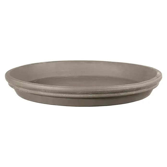 Deroma Moka Garden Blumentopf-Untersetzer - Außenmaß (Ø x H): 27 x 3,4 cm, Naturmaterialien, Graphit - Ein grauer, runder Untersetzer für Blumentöpfe, ideal für den Innen- und Außenbereich. Er schützt Oberflächen vor Wasserflecken.