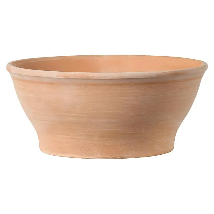 Deroma White Garden Pflanzschale rund Ciotola Liscia - Außenmaß (Ø x H): 27,2 x 12,4 cm, Naturmaterialien, Tonweiß - Eine terracottafarbene Pflanzschale mit breiter Öffnung und nach unten verjüngender Form, ideal für Pflanzen oder als dekoratives Element.