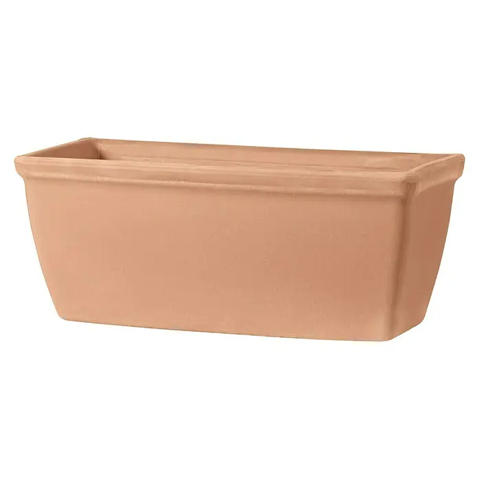 Deroma White Garden Pflanzkasten Roma Liscia - Außenmaß (L x B x H): 42 x 18 x 17 cm, Naturmaterialien, Tonweiß - Eine längliche, terracottafarbene Pflanzschale, ideal für den Innen- oder Außenbereich, mit einer schlichten, rechteckigen Form.
