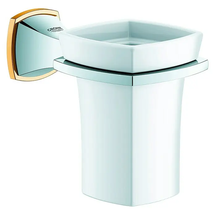 Grohe Grandera Zahnputzbecher - Mit Halterung, Metall, Chrom/Gold - Ein eleganter, eckiger Seifenspender von Grohe, der durch sein schlichtes Design und die Chromakzente besticht.