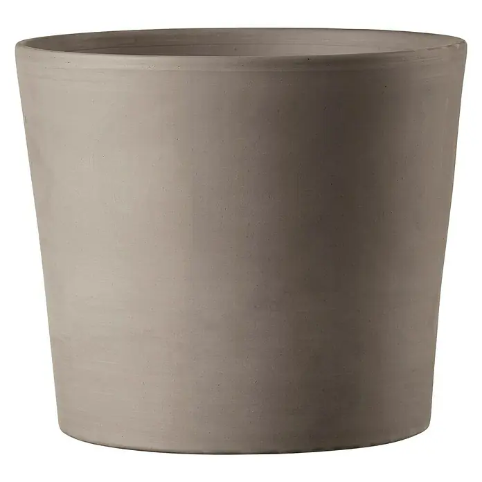 Deroma Grafite Pflanztopf Vaso Cilindrico - Außenmaß (Ø x H): 20,3 x 17,1 cm, Naturmaterialien, Graphit - Nahaufnahme eines zylindrischen, sandfarbenen Pflanzgefäßes aus Beton mit abgerundeten Kanten und einer glatten Textur, ideal für Innen- oder Außenbereiche.