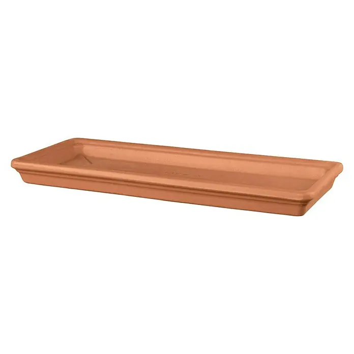 Deroma Kasten-Untersetzer Cotto - 32 x 17 x 3,1 cm, Naturmaterialien, Terracotta - Ein länglicher, terrakottafarbener Untersetzer für Pflanzen, ideal zum Auffangen von überschüssigem Wasser und zur Dekoration.