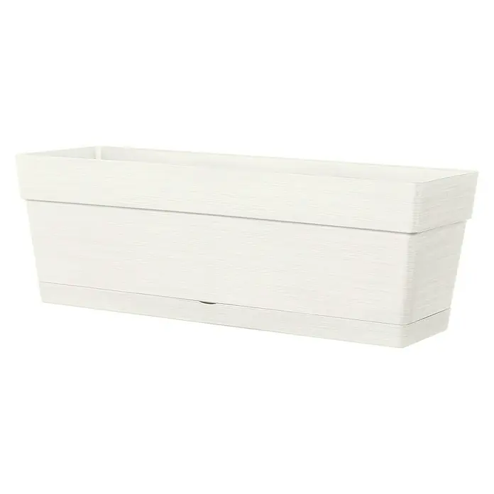 Deroma Save Balkonkasten - Max. Außenlänge: 49 cm, Bianco - Elegante, längliche Pflanzkasten in Weiß mit dezenten Holzmaserung, ideal für Balkon oder Terrasse, um Pflanzen stilvoll in Szene zu setzen.