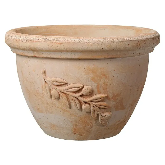Deroma Olive Pflanzschale rund Ciotola - Außenmaß (Ø x H): 20 x 12,8 cm, Naturmaterialien, Terracotta - Nahaufnahme eines Terrakotta-Blumentopfs mit Olivenzweig-Dekor, ideal für den Innen- und Außenbereich zur stilvollen Pflanzenpräsentation.