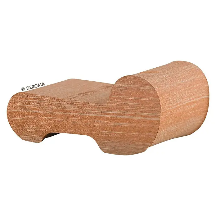 Deroma Pflanzgefäß-Füße - Außenmaß (L x B x H): 8 x 12 x 3,7 cm, Terracotta Weiß - Nahaufnahme eines Holzes mit abgerundeten Enden und einer glatten Oberfläche, das die natürliche Maserung und Textur des Holzes hervorhebt.