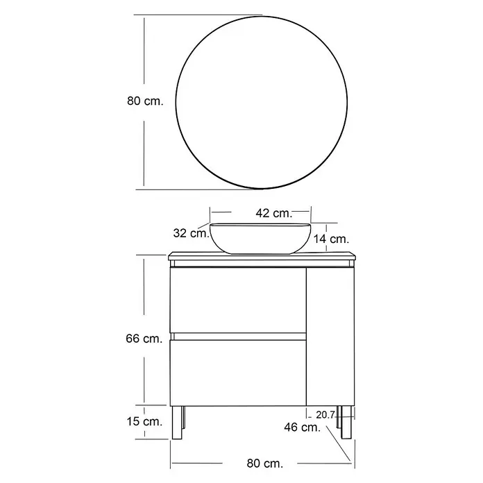 Artysan Conjunto de mueble de baño Oval - Ancho: 80 cm, Blanco, 4 pzs. - Un dibujo esquemático de un tocador con un espejo redondo y dimensiones en centímetros.