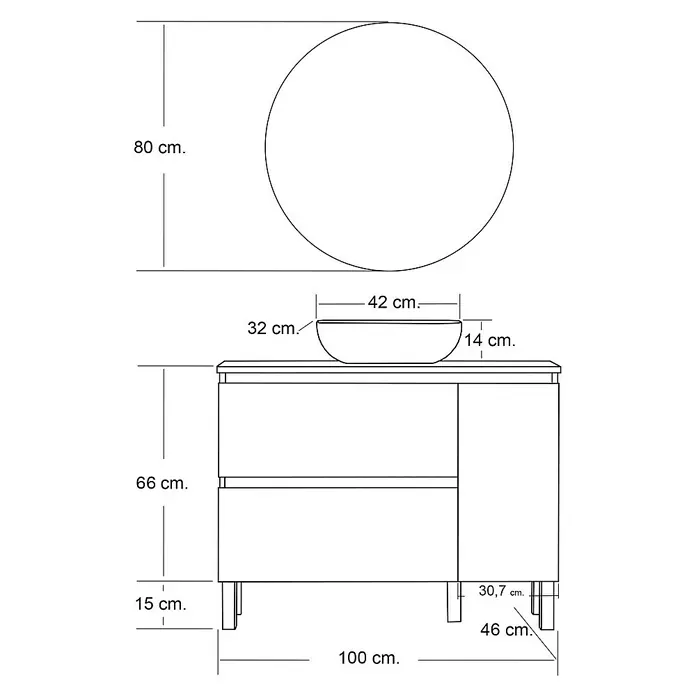 Artysan Conjunto de mueble de baño Oval - Ancho: 100 cm, Nebraska, 4 pzs. - Dibujo esquemático de un mueble de baño con lavabo y espejo, dimensiones en cm.